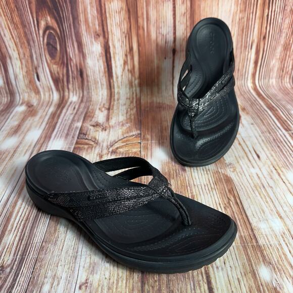 CROCS Shoes - Crocs CAPRI Strappy Flip Flop Womens Size 10 Black Thong Sandals Open Toe Shoes